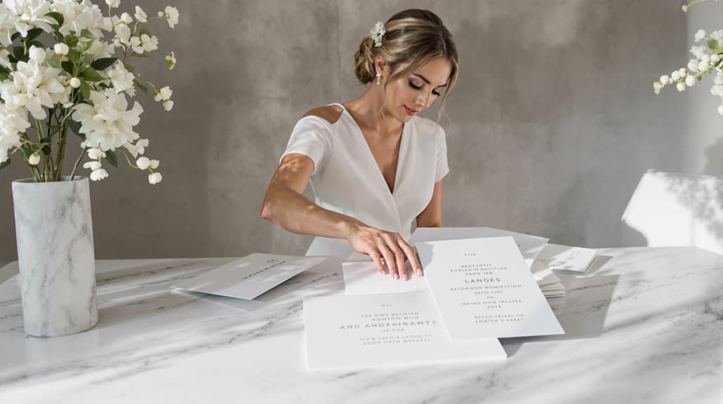 Bride reviewing elegant wedding invitations at a marble table.