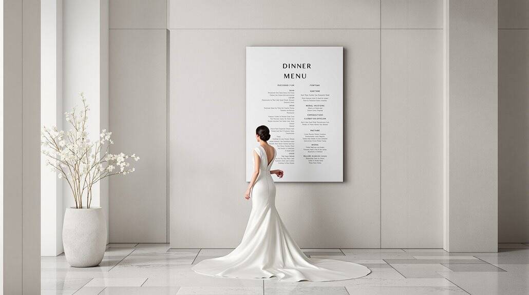 Elegant wedding bride in a white gown standing in front of a dinner menu board.