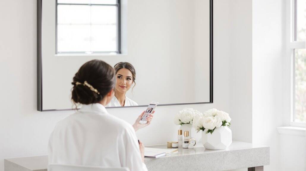 Bride looking at her reflection in a mirror before her wedding.