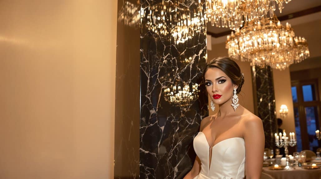 Bridal portrait of a bride in a strapless white wedding gown with elegant jewelry at a luxurious ven.