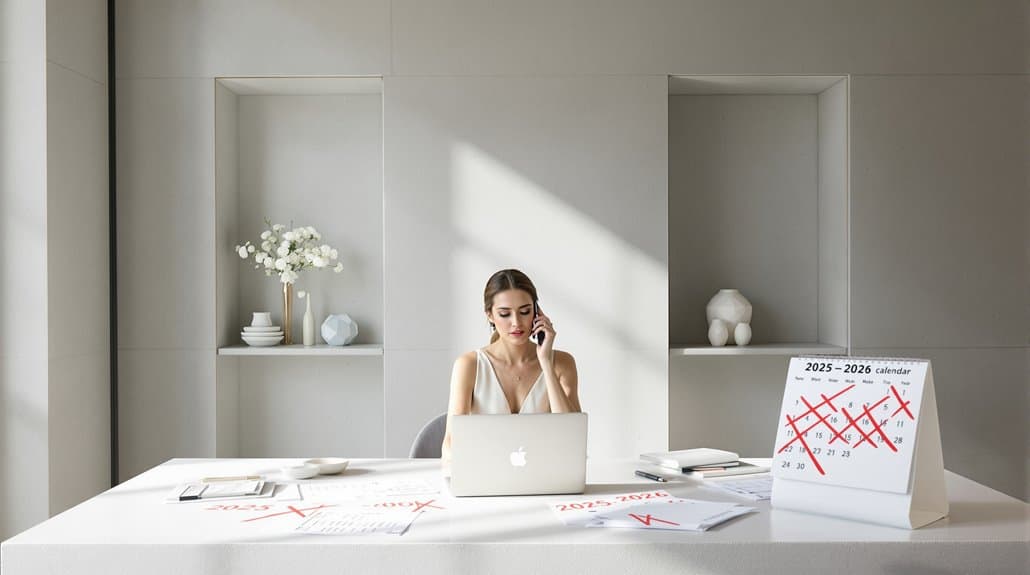 Woman working at a wedding planning desk with calendar and wedding details.