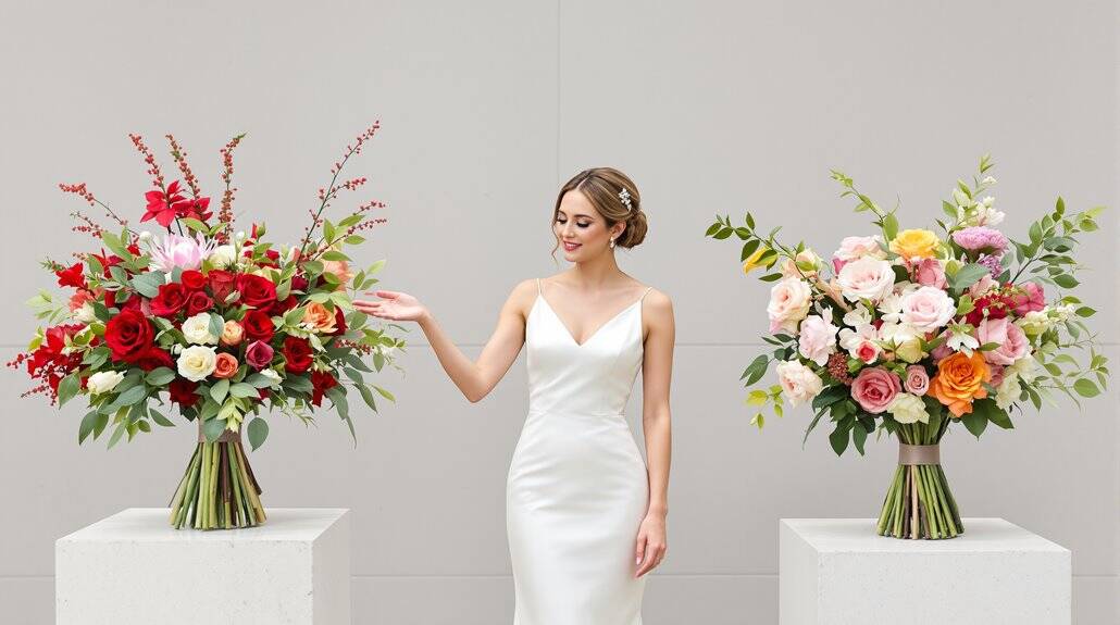 Beautiful wedding floral arrangements with roses and greenery for elegant wedding decor.