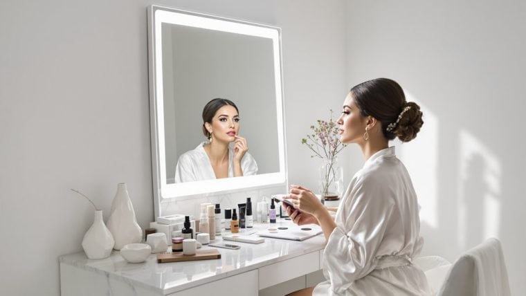 Bride applying makeup in front of a mirror at her wedding preparation.