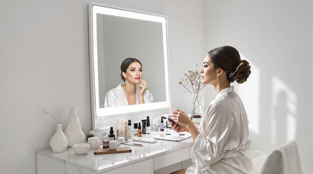 Bride applying makeup in front of a mirror at her wedding preparation.