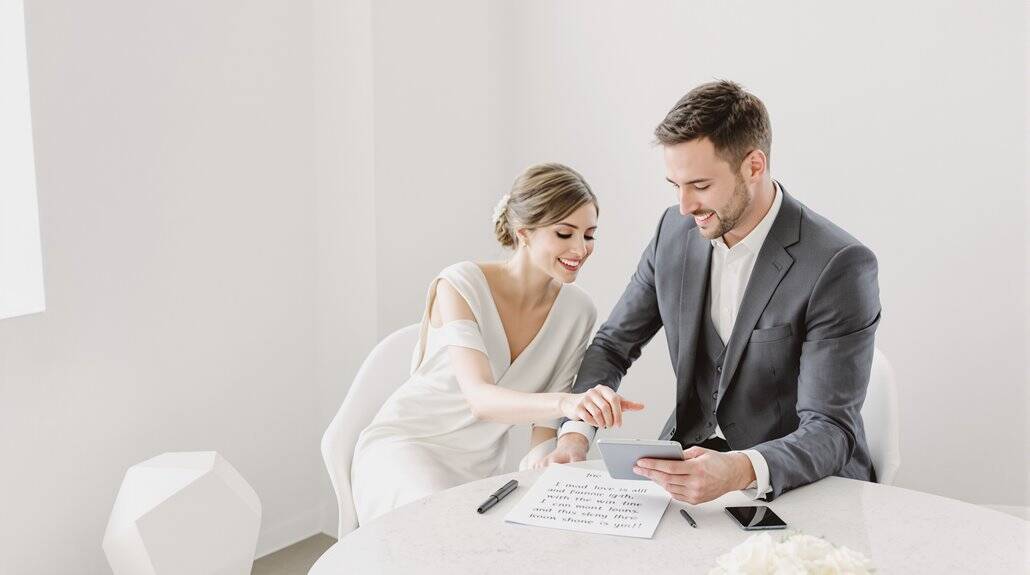 Happy bride and groom signing wedding documents at the ceremony.
