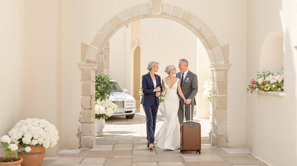 Bride and groom with a woman, walking through an archway at a wedding venue.