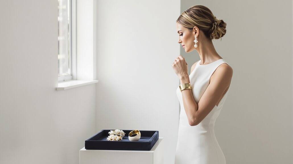 Elegant bride in white dress looking out window, bridal jewelry, minimalistic setting.
