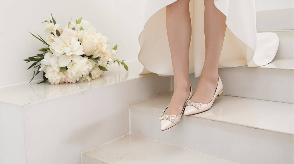 Bride's elegant wedding shoes and bouquet on white stairs.