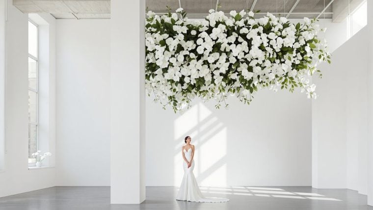 Bridal gown displayed in a bright, minimalist wedding venue with stunning floral decor. Perfect for.