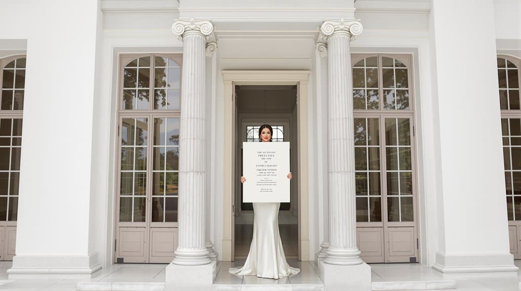 Bride holding a wedding sign in front of a grand white building with columns.
