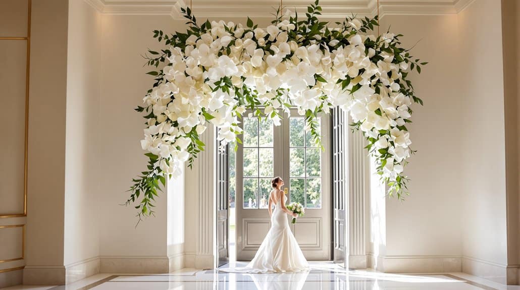 Beautiful white floral wedding arch with greenery in bright room.