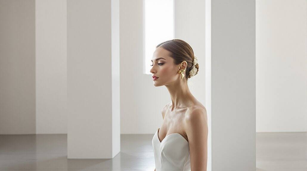 Bridal portrait featuring a bride with elegant makeup and hairstyle in a modern, minimalist setting.