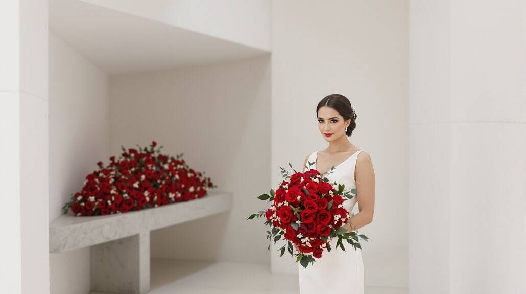Bride holding a large red bouquet of roses at her wedding.