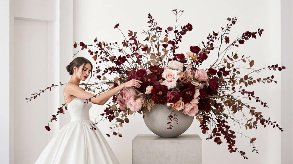 Elegant wedding floral arrangement with roses and deep red foliage in a modern vase.