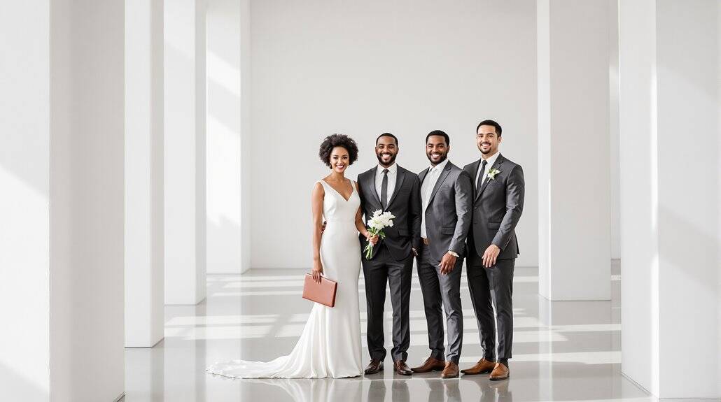 Elegant wedding couple with groomsmen in modern venue.