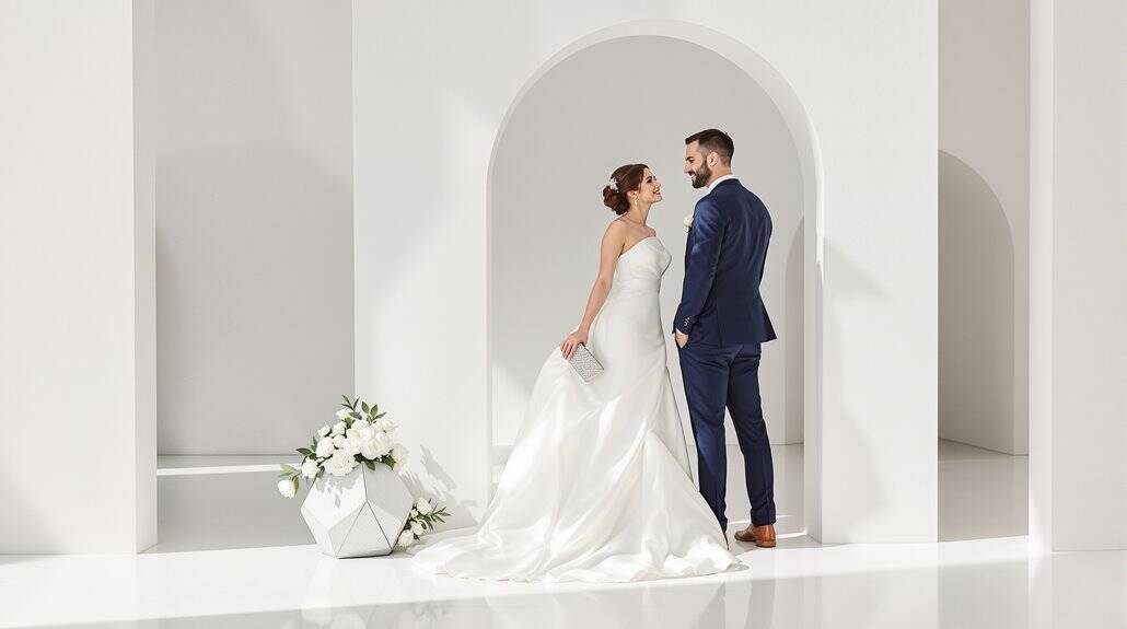 Elegant wedding couple standing in a minimalist white archway, showcasing their wedding attire.