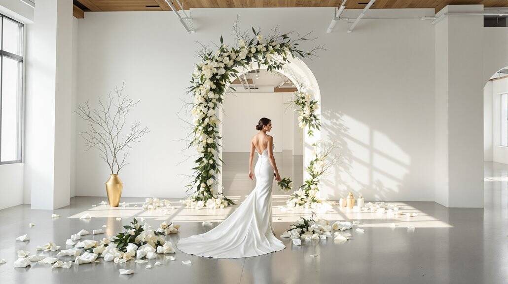 Elegant wedding arch decorated with white flowers and greenery for a romantic ceremony.