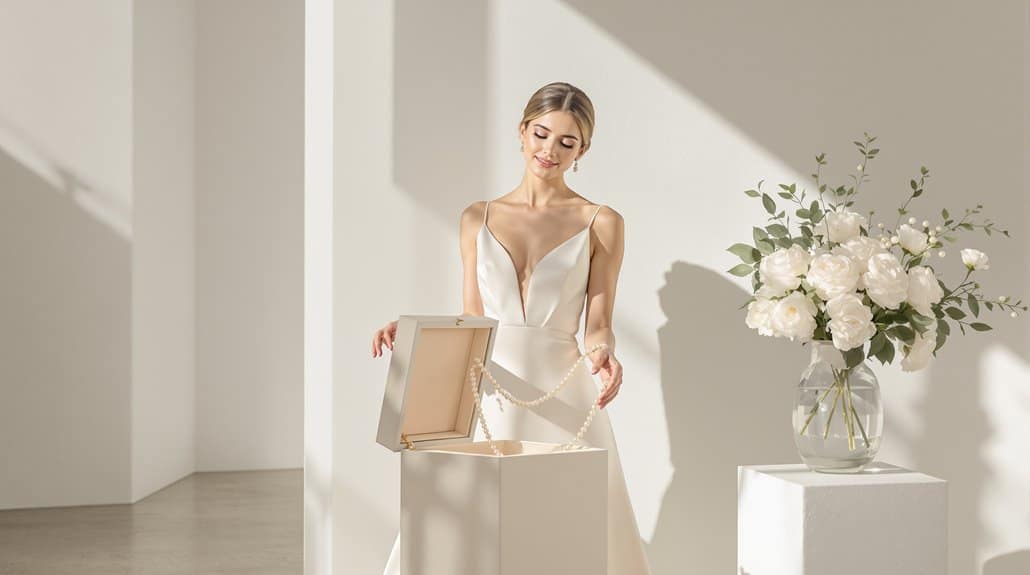 Elegant wedding dress on a model with a gift box and floral arrangement.