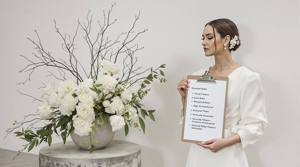Bride holding wedding checklist with elegant floral arrangement in background.