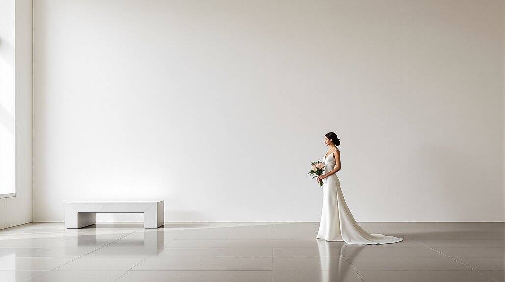 Bride in a white wedding gown holding a bouquet in a modern, minimalist space.