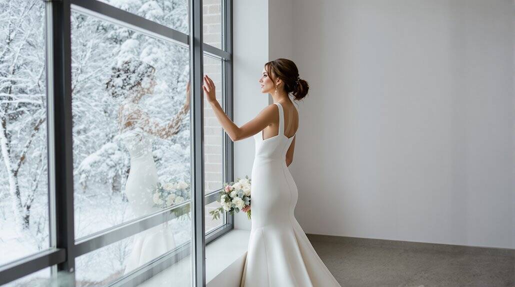 Bride in a white wedding gown looking out the window during winter.