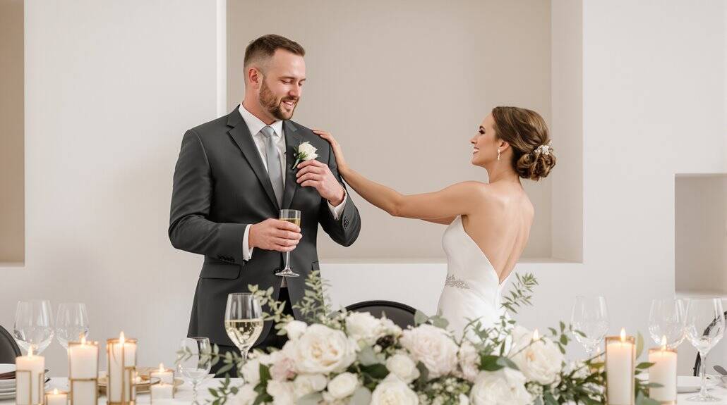 Elegant wedding couple sharing a toast at reception.