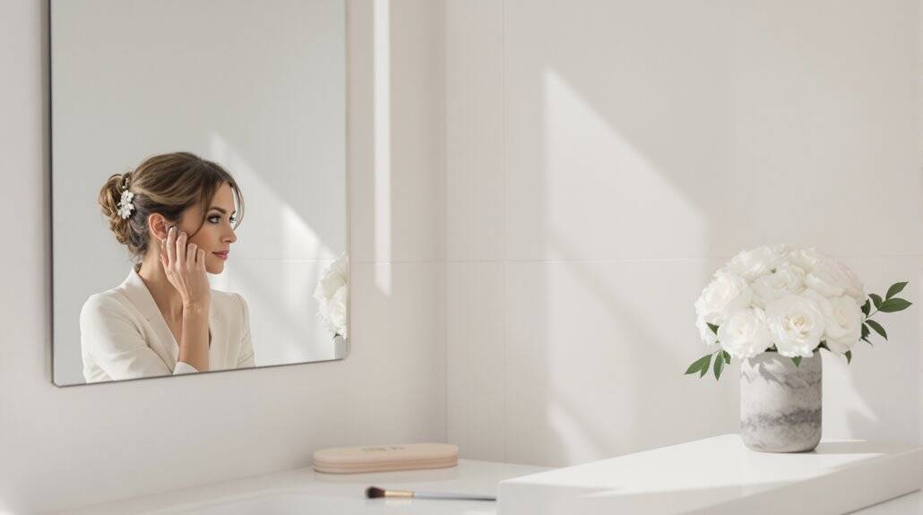 Bride preparing in front of mirror with white flowers in elegant wedding setting.