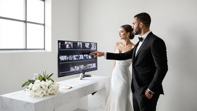 Bride and groom reviewing wedding video footage on a monitor.