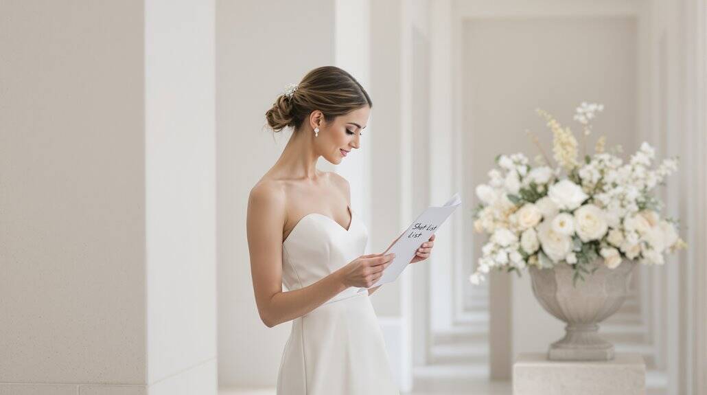 Bride reading wedding vows in a beautiful white gown.