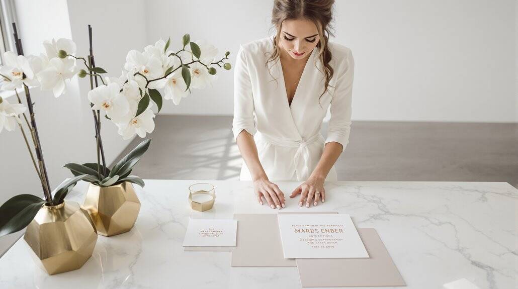 Elegant wedding invitation with floral accents and sophisticated design.