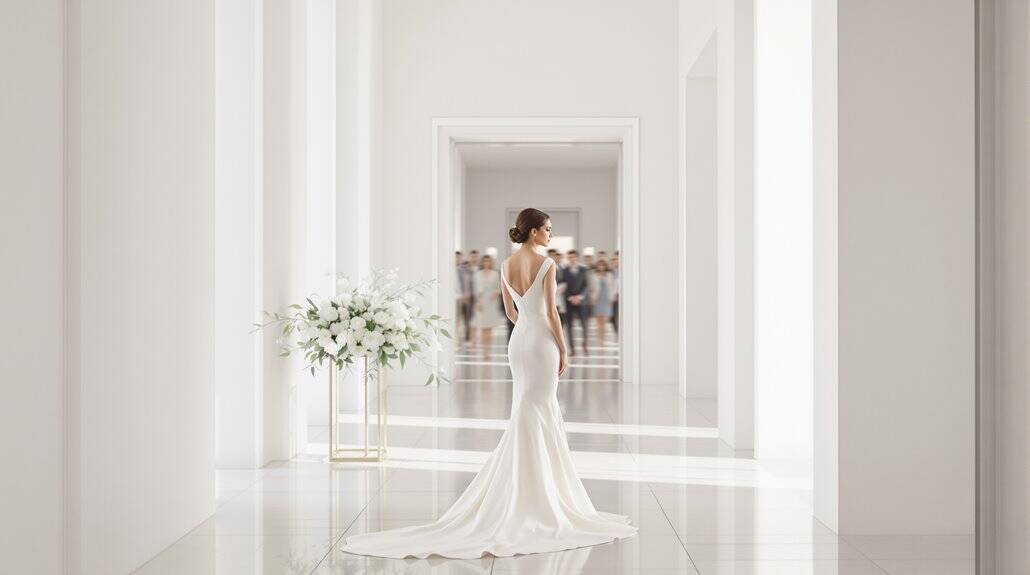 Elegant wedding bride in a sleek white gown in a modern, bright venue.