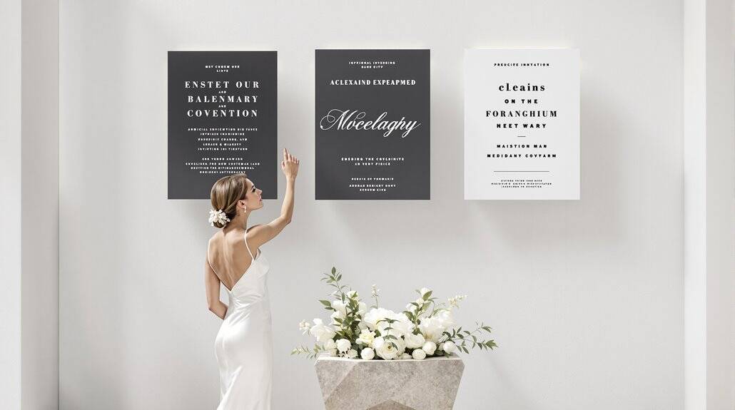Bride pointing at wedding signs with floral arrangement in background.