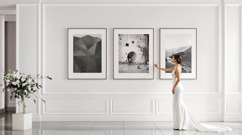 Bride in wedding dress pointing at modern art gallery wall.