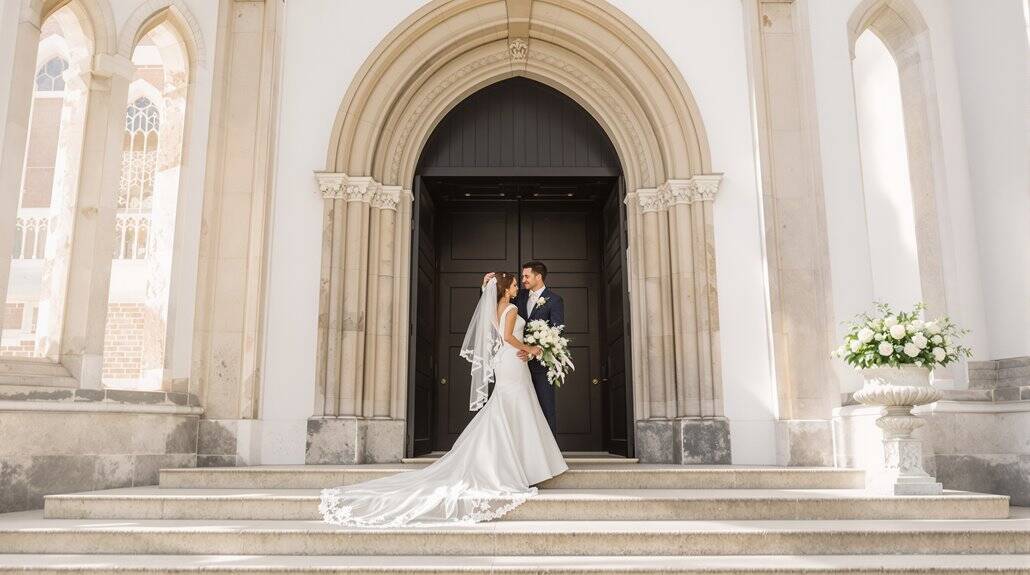 Bride and groom sharing a kiss outside a historic church entrance.