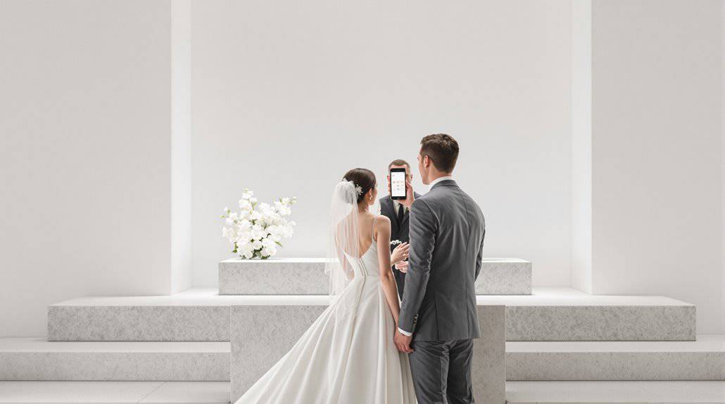 Bride and groom taking wedding vows in a modern, minimalist venue.