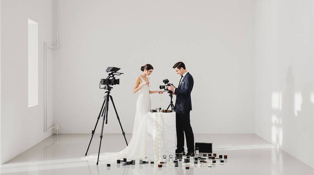 Bride and groom filming wedding scene with professional camera equipment.