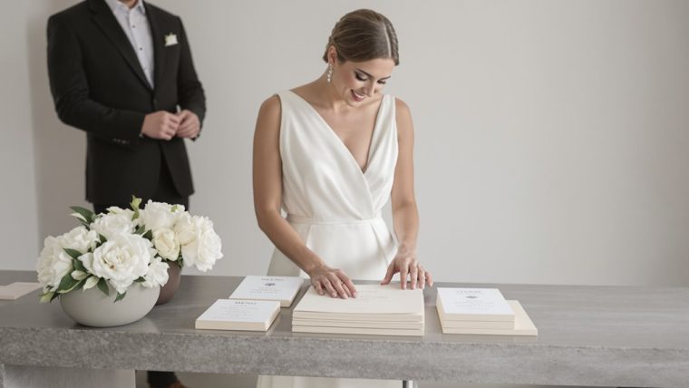 Bride in elegant wedding dress with groom in background, wedding planning details.