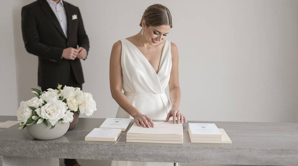 Bride in elegant wedding dress with groom in background, wedding planning details.