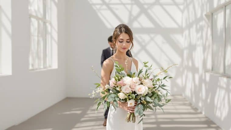 Bride holding a beautiful wedding bouquet in a bright, airy venue.