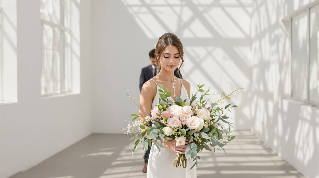 Bride holding a beautiful wedding bouquet in a bright, airy venue.