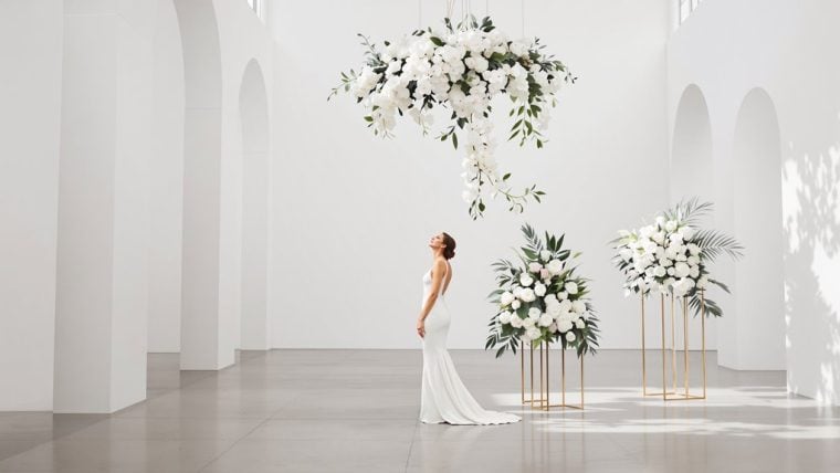 Bride standing in a minimalist white wedding venue with floral arrangements.