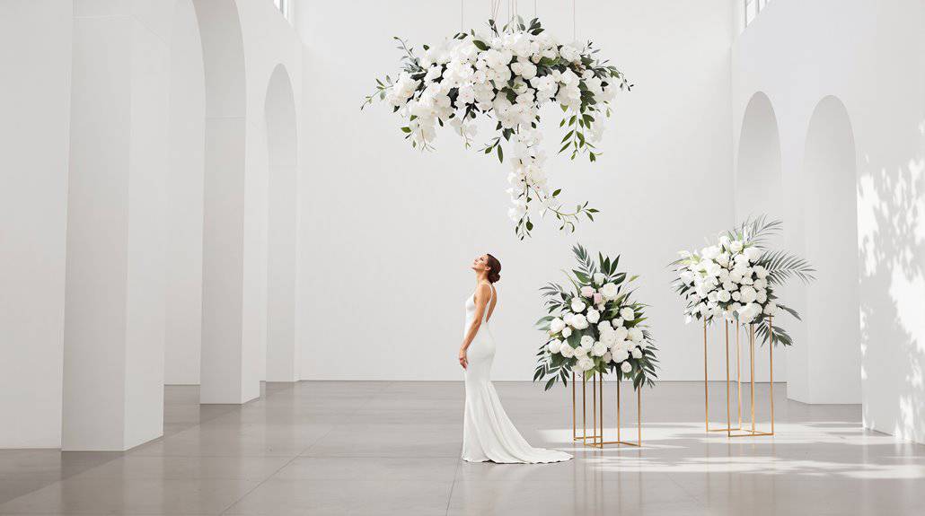 Bride standing in a minimalist white wedding venue with floral arrangements.