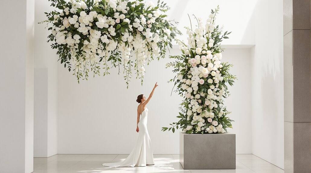 Bride reaching towards large floral wedding decoration in modern venue.