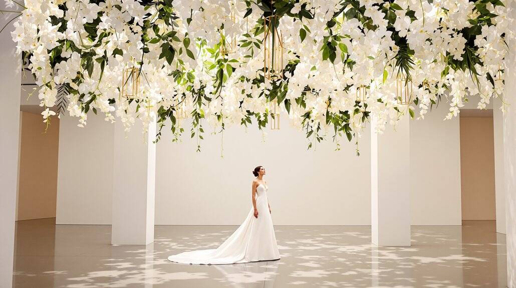 Elegant wedding venue with floral ceiling installation and bride in white gown.