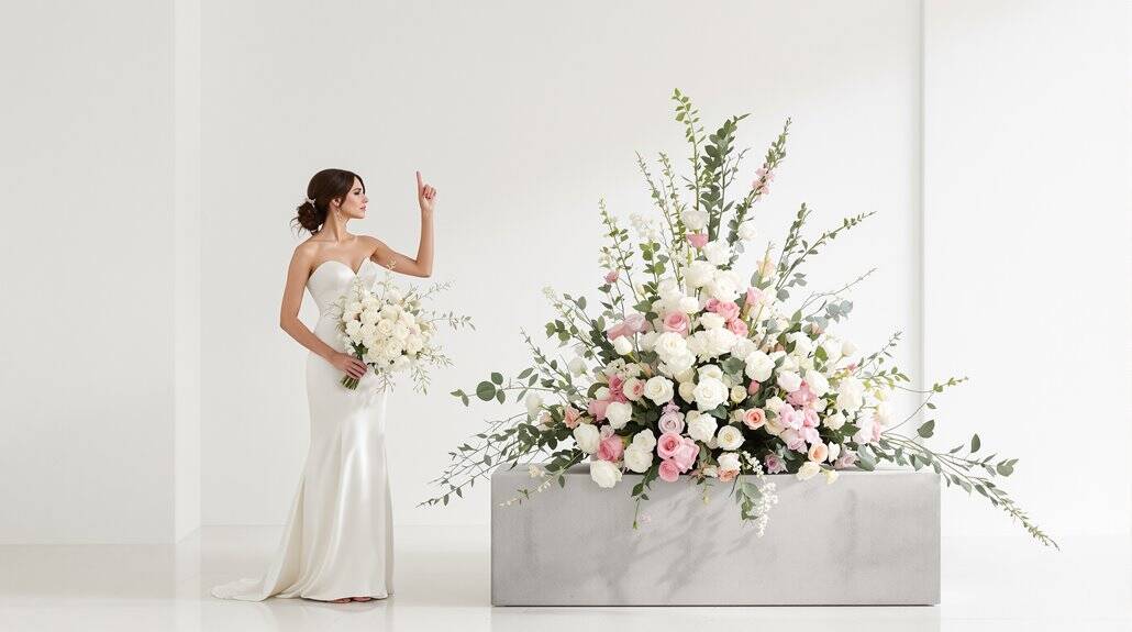 Bride with bouquet next to large floral wedding display in modern venue.