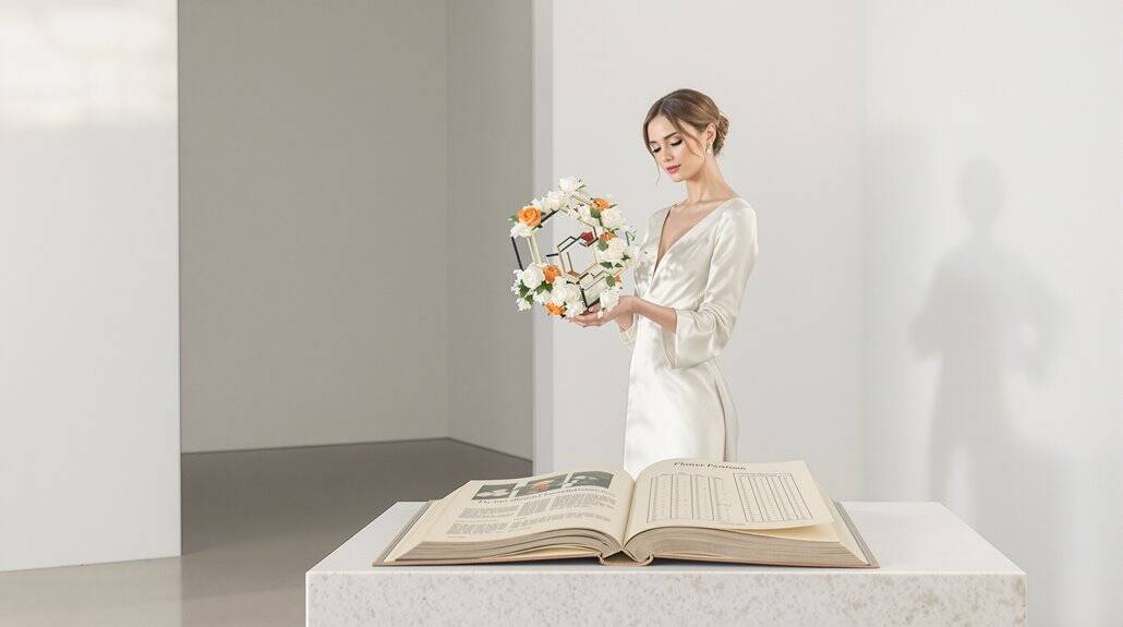 Bridal bouquet with white and peach flowers, held by a bride in a satin wedding dress.