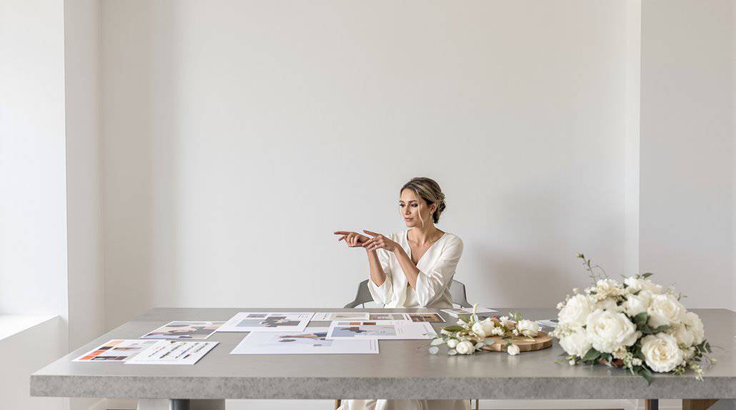 Bride reviewing wedding plans at a minimalist table with floral decor.