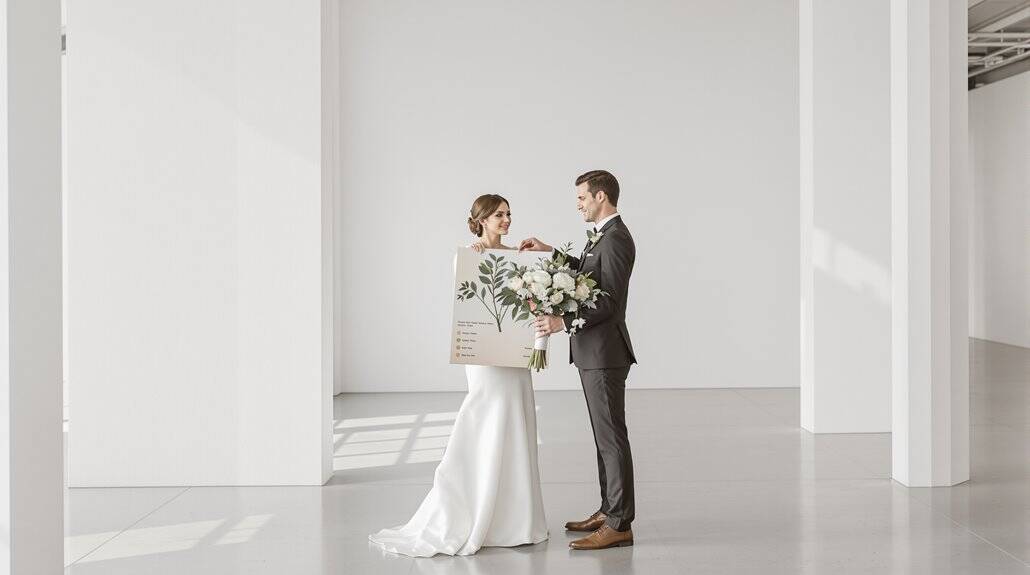 Bride and groom exchanging vows in a sleek, modern wedding venue with natural light.