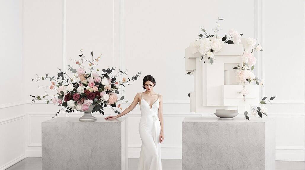 Elegant wedding bride with floral arrangements in a minimalist white setting.