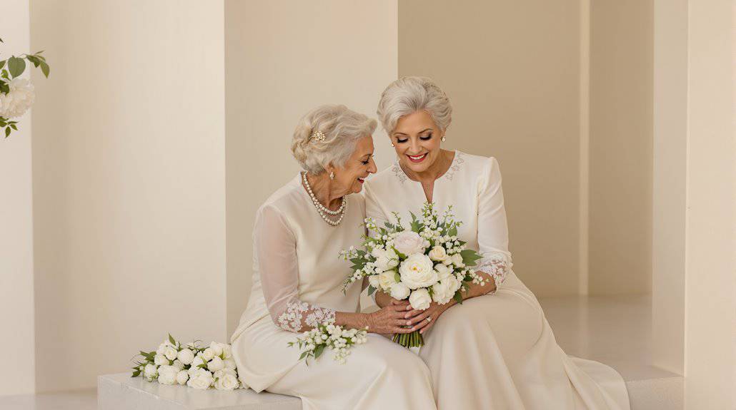 Senior women in elegant white dresses sharing a wedding moment with a bouquet.